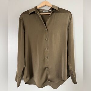 Uniqlo Sage Satin Button Down Top